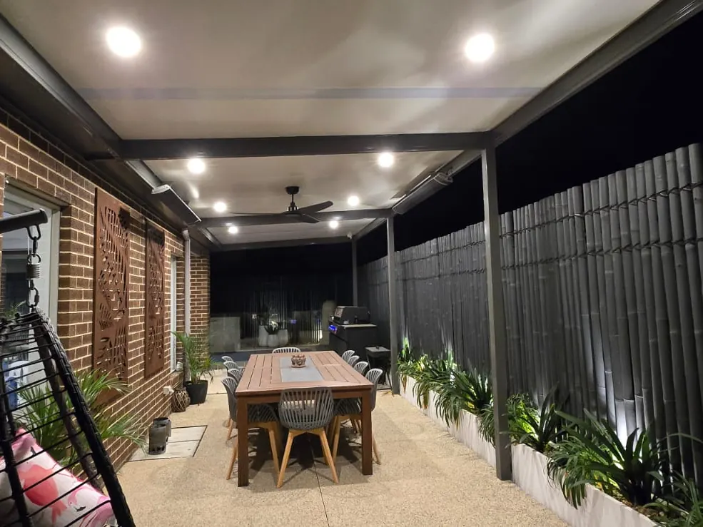 Alfresco area with LED downlights and ceiling fan installed by Smart Link Electrical