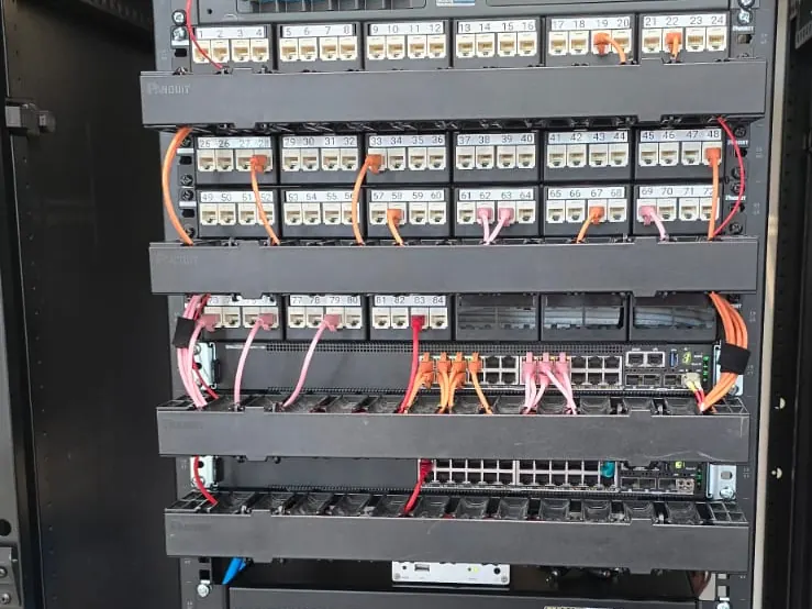 Commercial data rack with patch panels and network cabling