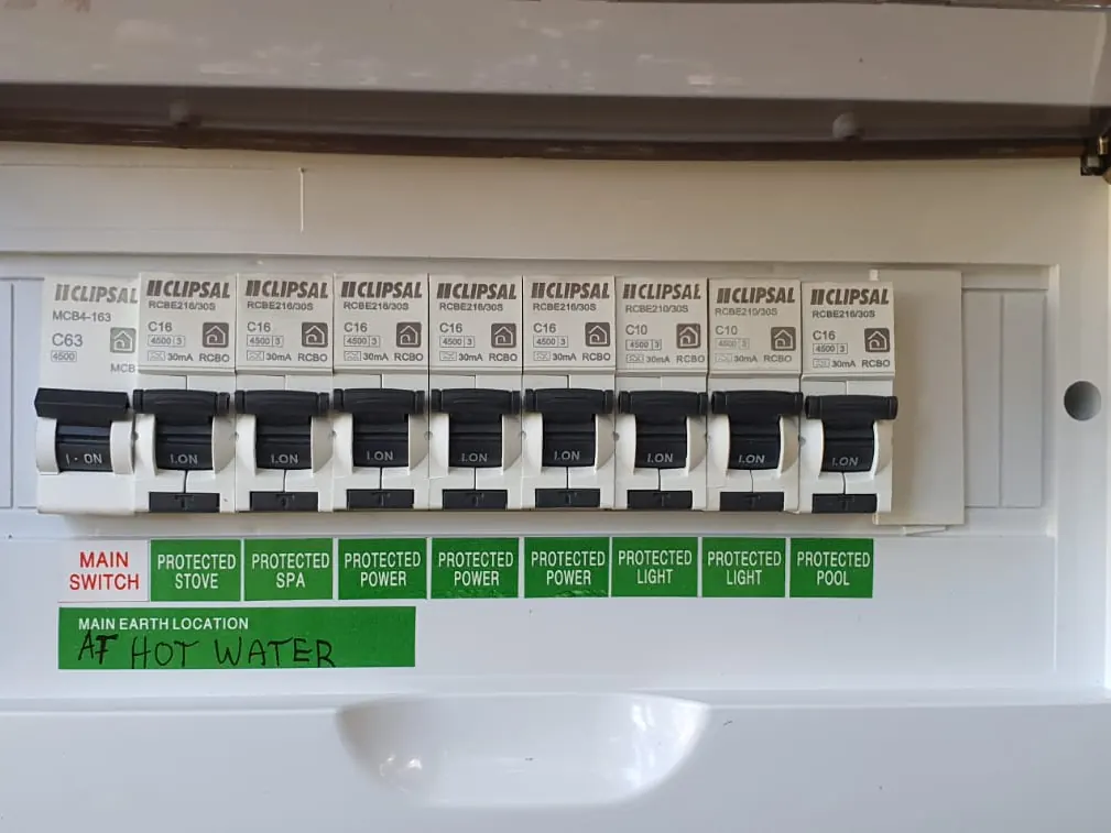 New switchboard with labelled RCD safety switches and main switch
